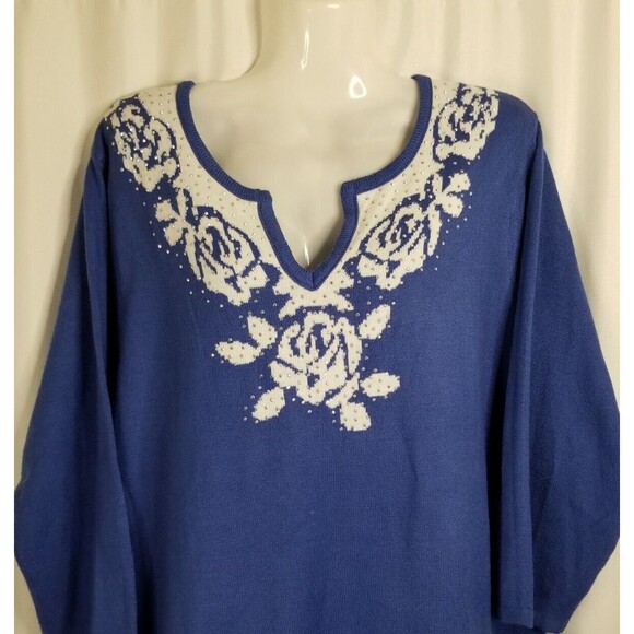 Women' Sweater Top Cathy Daniels Studded Embellished V-Neck Blue 3/4 Size 2X - Picture 2 of 5